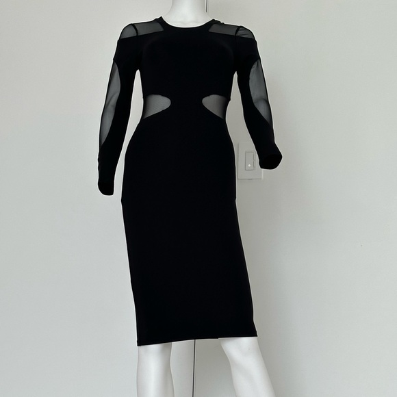 BCBGMaxAzria Dresses & Skirts - BCBG Maxazria Midi Black Body-Con long Sleeve dress size XXS sheer detail